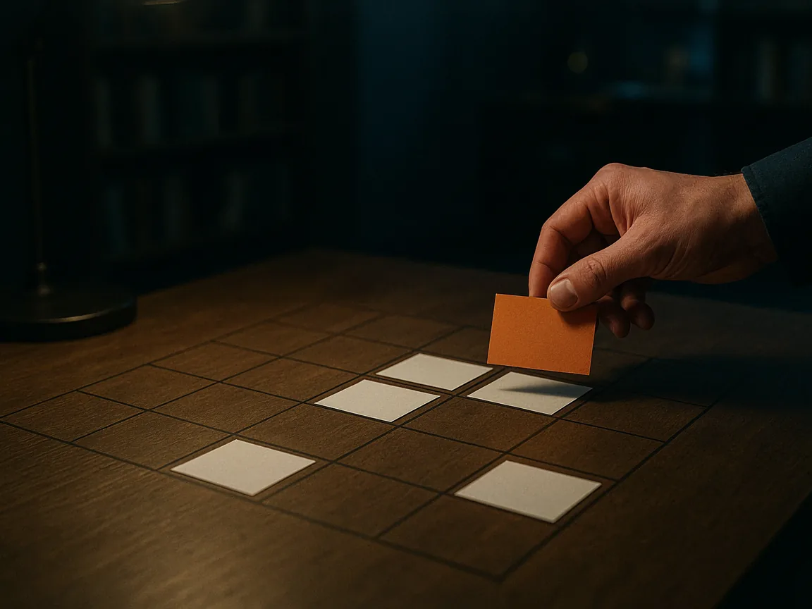 A hand placing an orange card onto a printed four-by-four grid on a dark desk