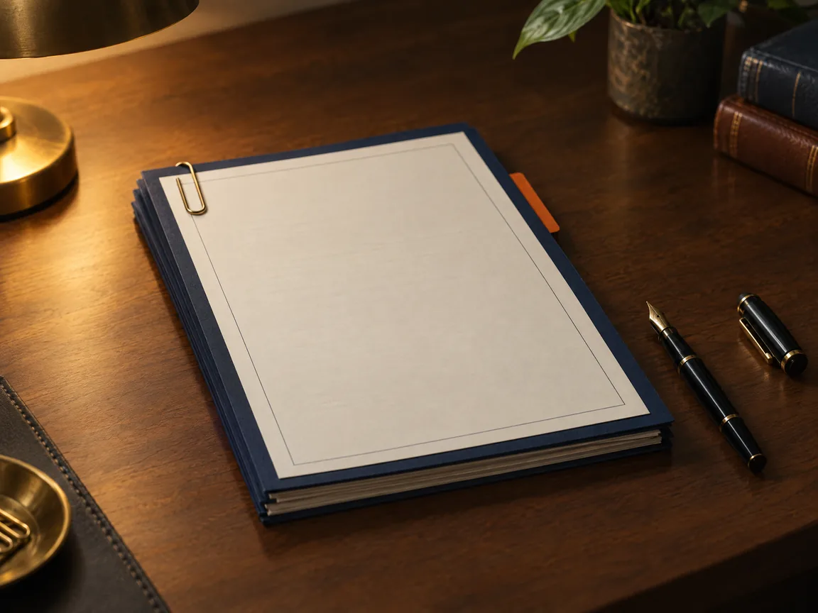 A single navy policy document with a brass paperclip and an orange tab on a walnut desk beside a fountain pen