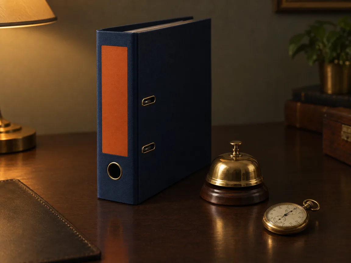 A navy emergency binder with an orange spine label and a brass desk bell on a dark desk under a lamp
