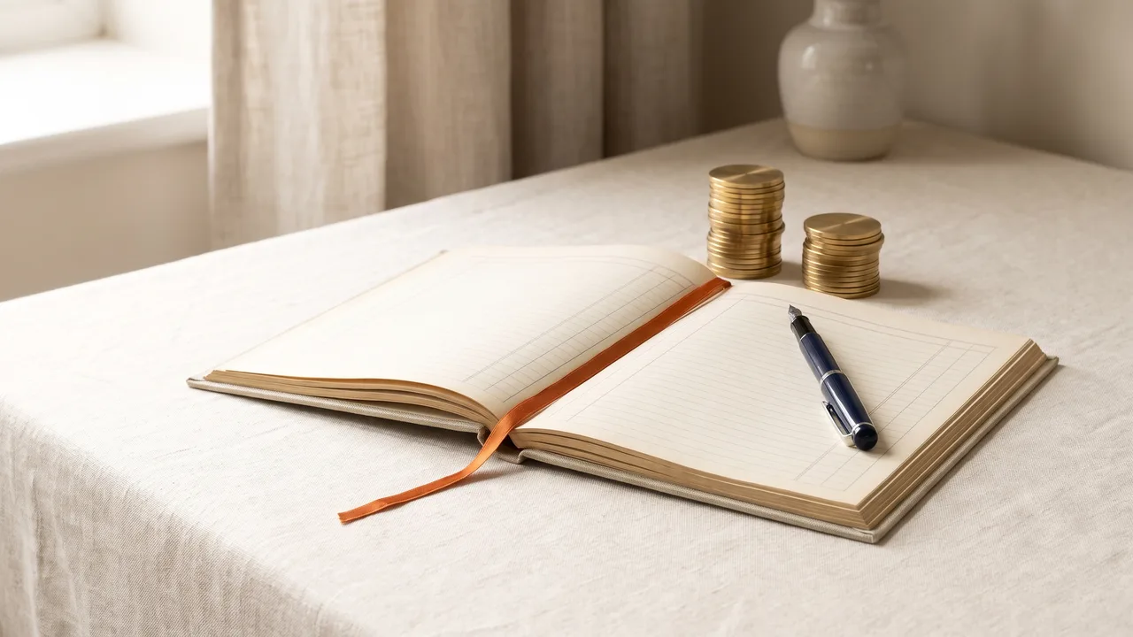 An open ledger on a linen desk beside two stacks of brass counters of different heights and a navy fountain pen