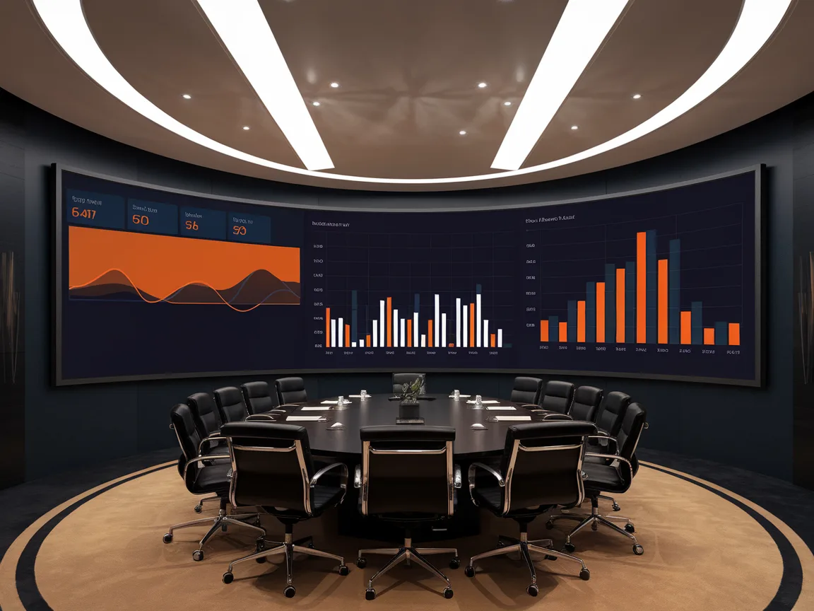 C-suite boardroom with curved wall screen showing orange enterprise AI value dashboards