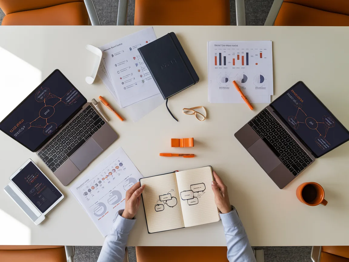 Overhead view of conference table with process workflow diagrams and laptops