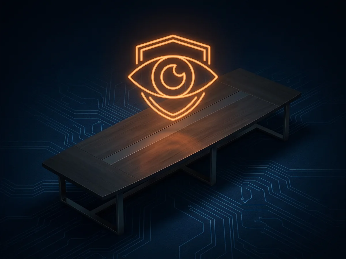 Glowing orange oversight shield and eye symbol suspended above a dark boardroom table on a navy background