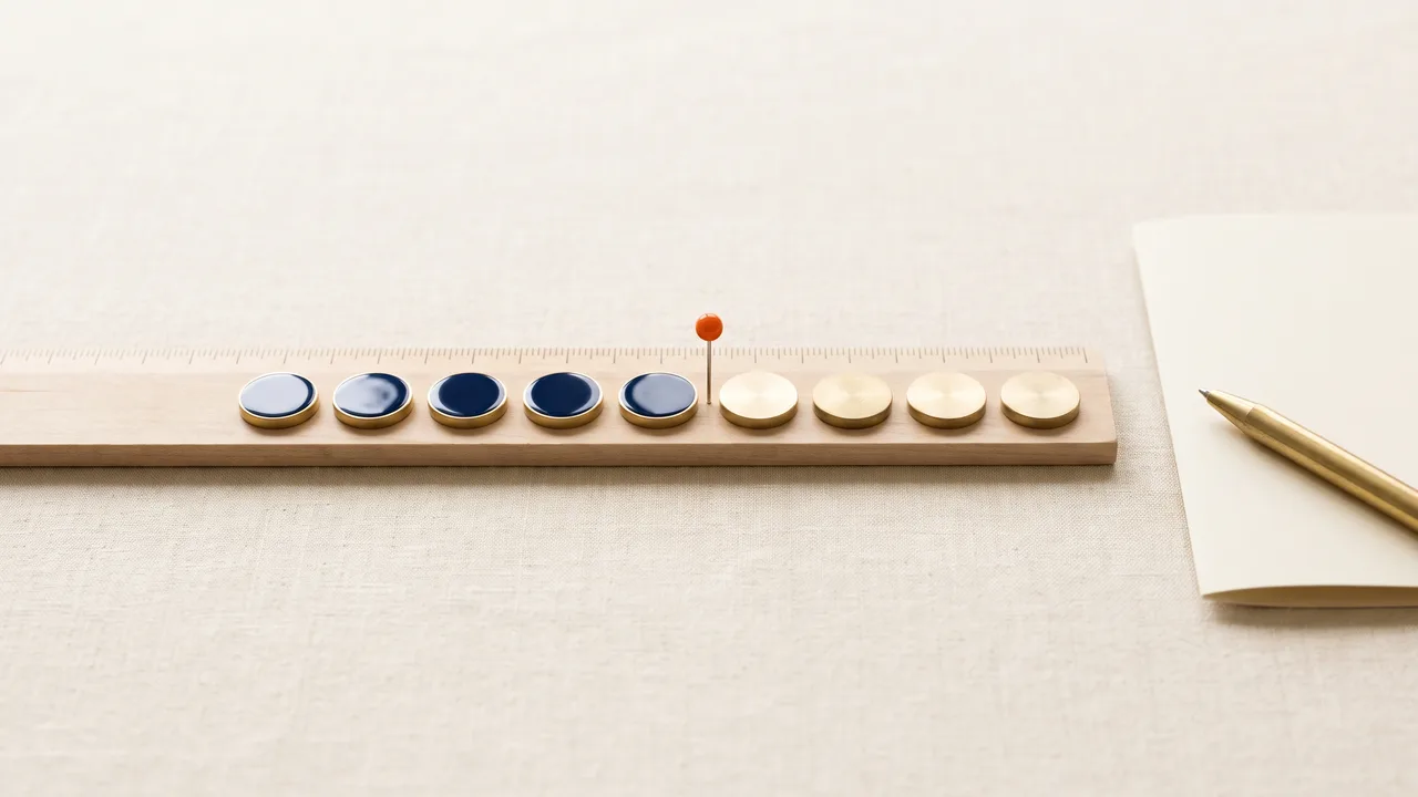 Nine counters in a row along a wooden ruler on a linen desk, five navy and four brass, with an orange pin after the fifth