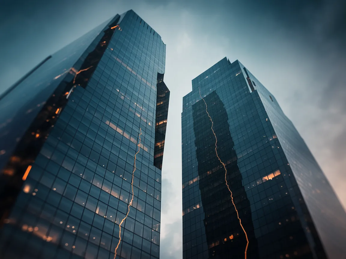 Two dark navy skyscrapers separated by a narrow gap of sky, with glowing orange fault lines running up the facades