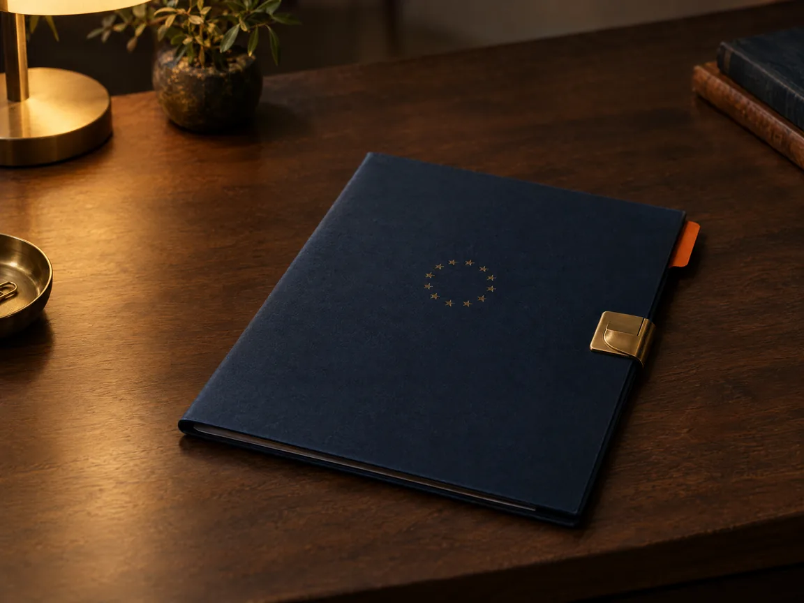 A navy EU-style document folder with a brass clasp and an orange tab on a dark desk