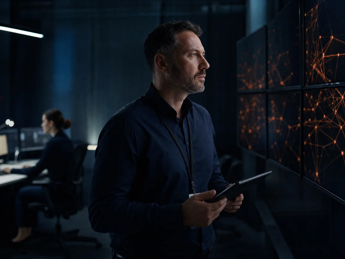 A specialist studies a wall of dim monitors showing abstract orange network visualisations in a security operations room
