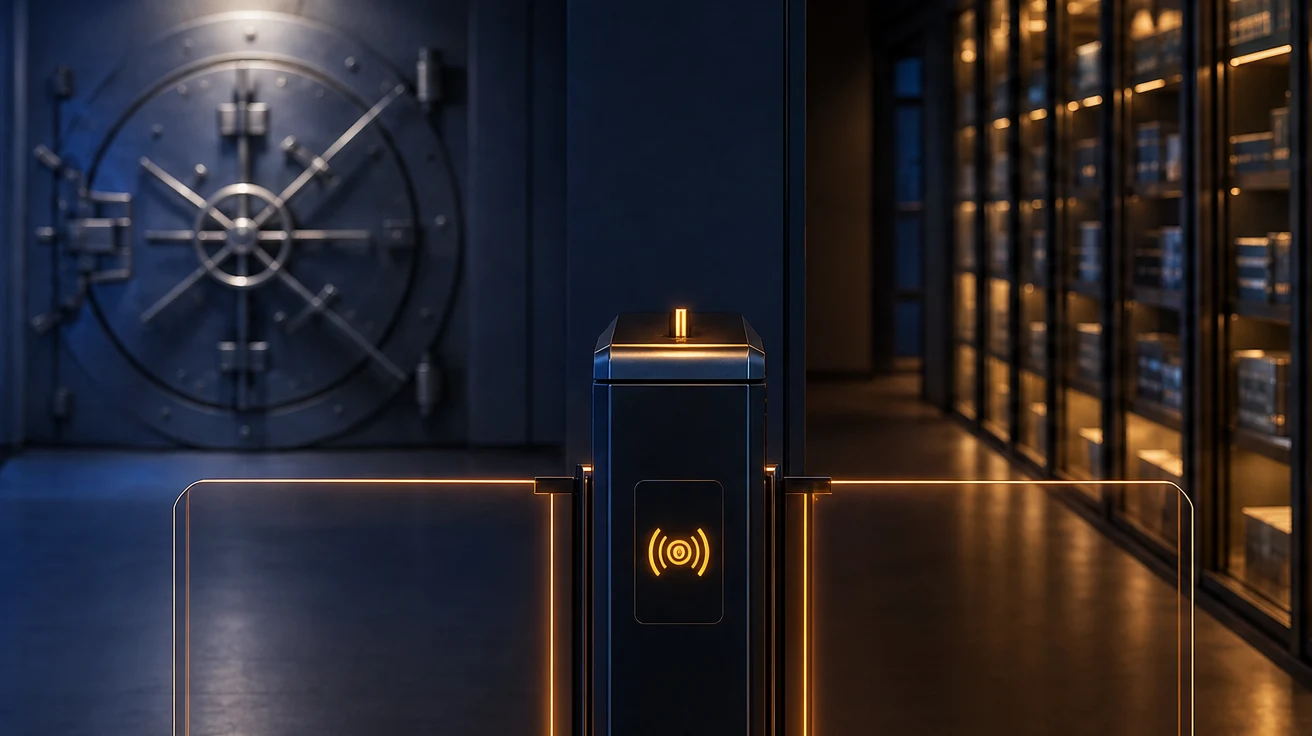 Illuminated security gate between a sealed vault and an accessible badge-controlled archive, representing the fine-tune versus retrieval-only decision