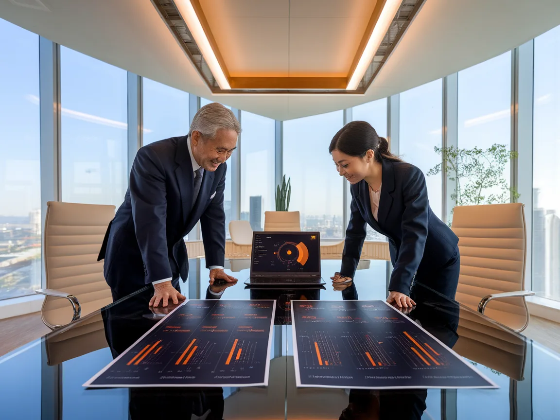 Two executives collaborating over AI decision analytics on a glass boardroom table