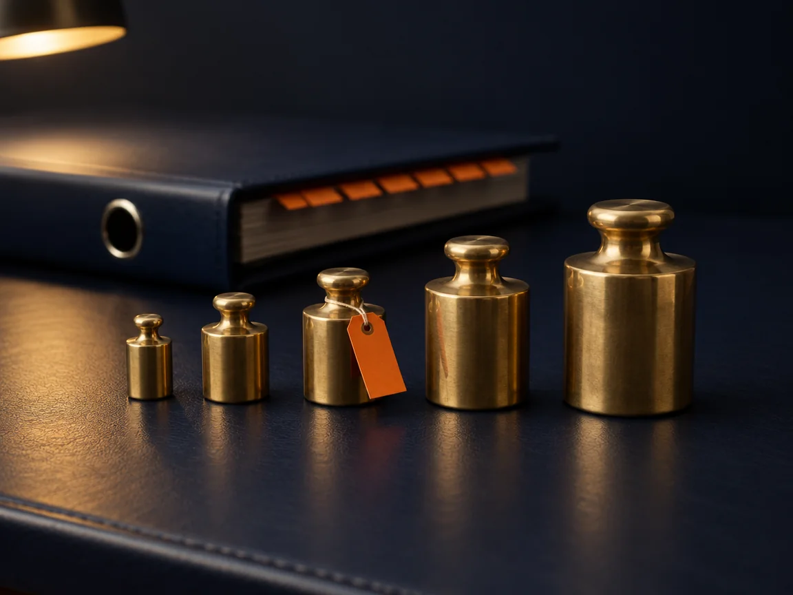 Five brass calibration weights in ascending size on a navy leather desk, the middle one tagged orange, an audit binder with orange tabs behind