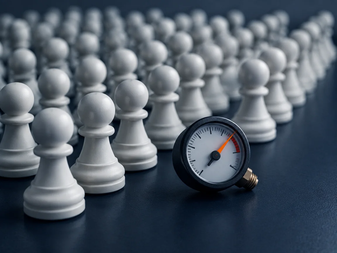 Rows of identical white chess pawns on a navy desk with an orange-needled gauge in front