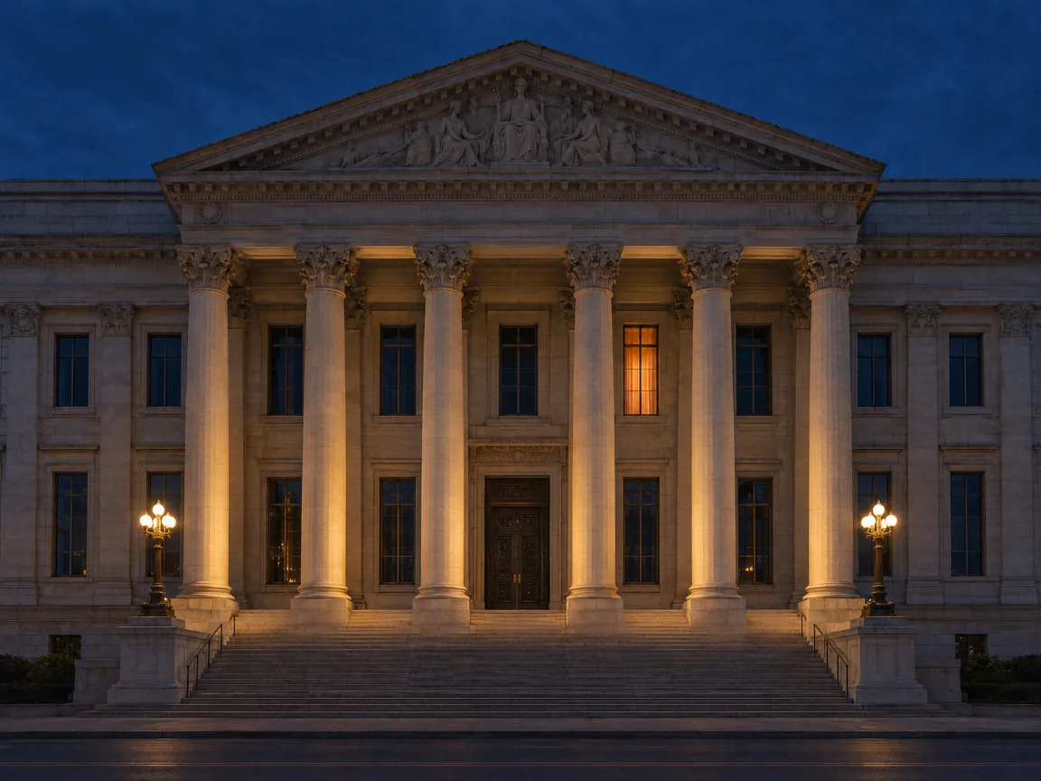 A neoclassical government building facade in soft dusk light under a navy sky, with a single window lit orange
