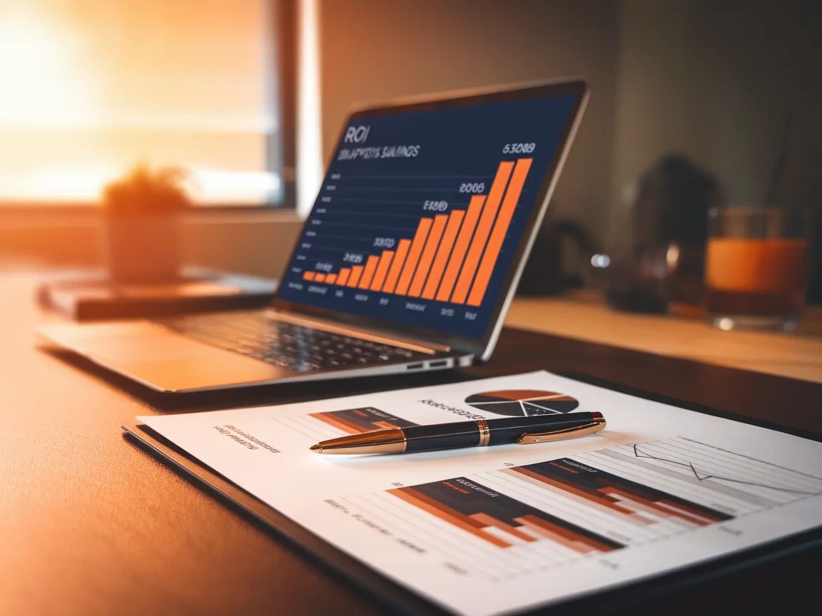 Laptop showing orange ROI bar charts with printed financial report