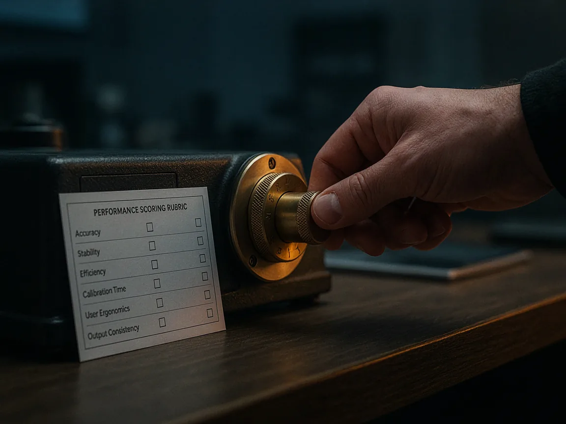 A hand adjusting a precision brass calibration dial beside a printed scoring rubric on a dark desk