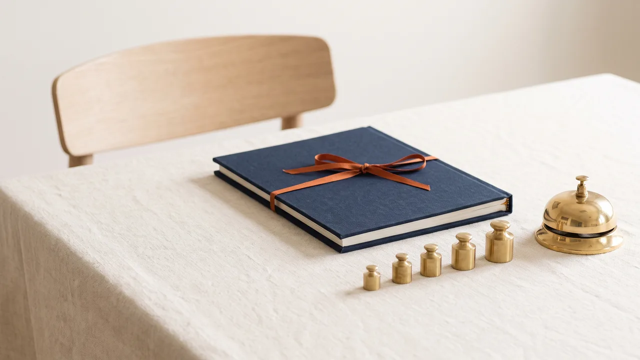 A navy board pack tied with an orange ribbon on a linen table, beside five brass weights and a brass desk bell