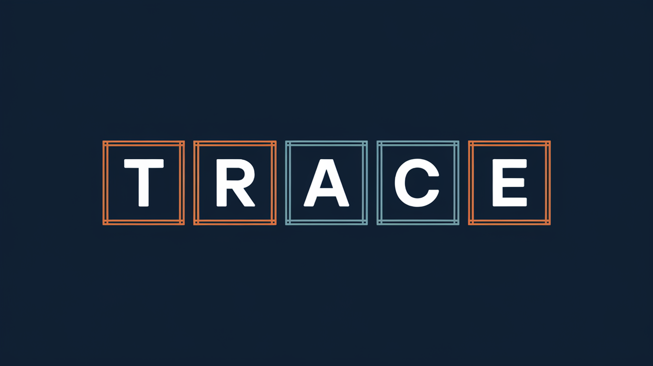 Five TRACE letters in bordered tiles on dark navy, representing the agent task evaluation framework