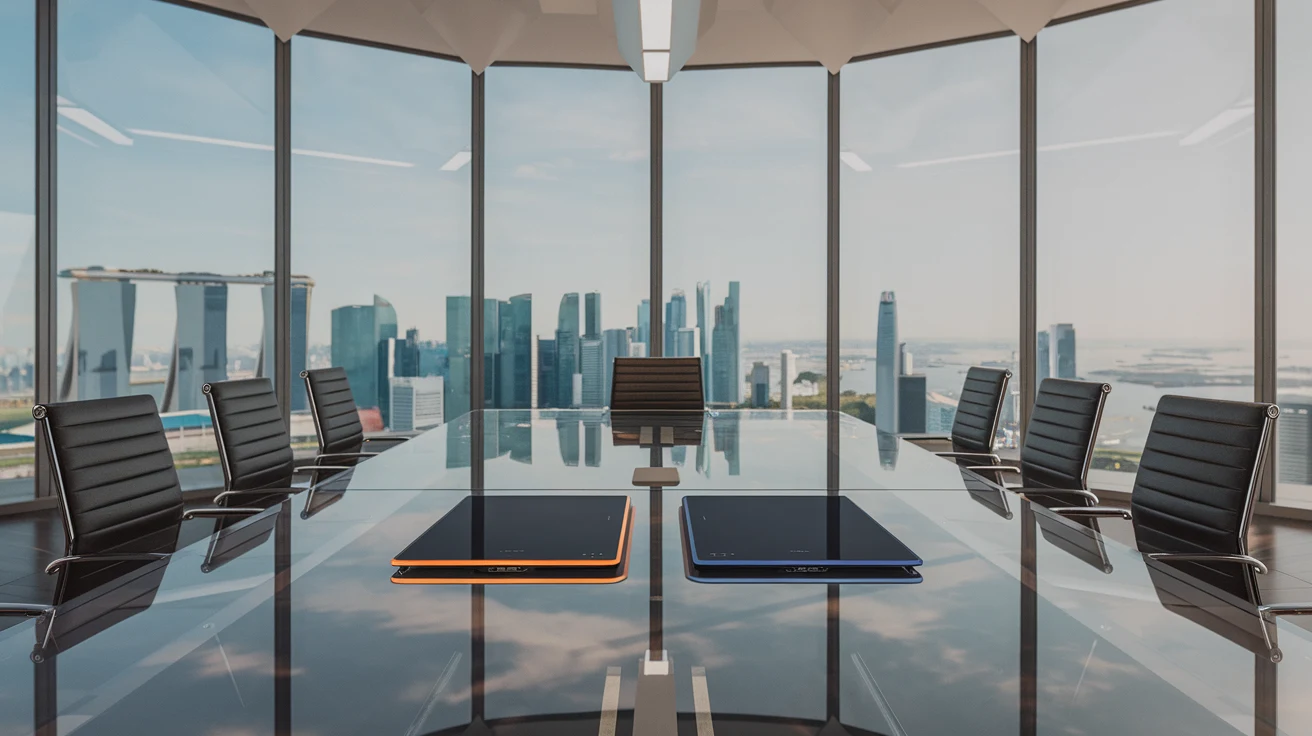 Two tablets side-by-side on a Singapore boardroom table for vendor comparison