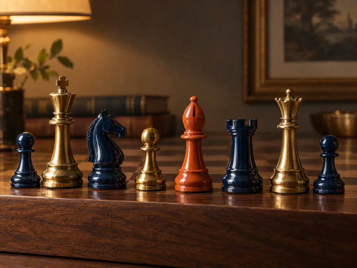 A row of navy and brass chess pieces of different sizes on a walnut board, with one orange piece among them