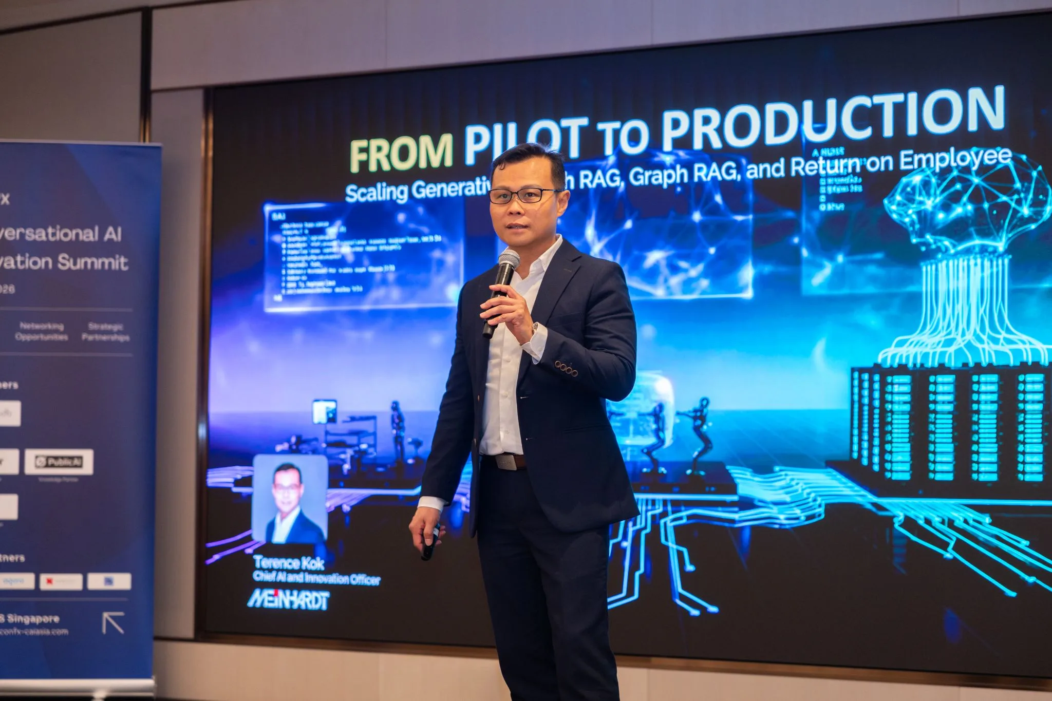 Terence Kok delivering keynote at Conversational AI Innovation Summit 2026, From Pilot to Production