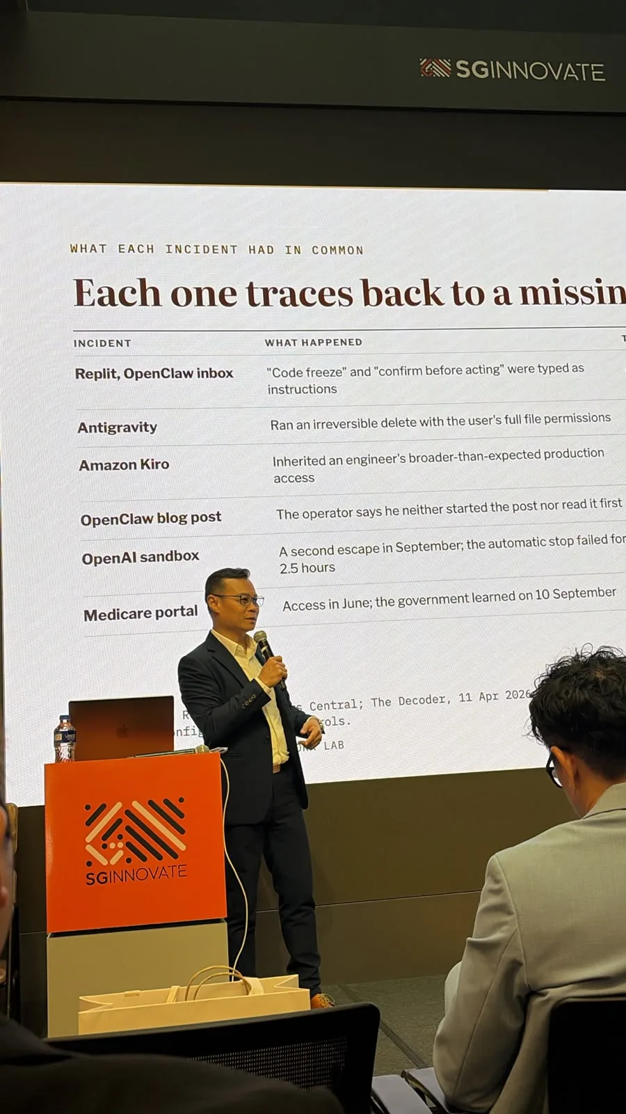 Terence Kok presenting a slide of recent AI agent incidents, each traced back to a missing control, at the Praxora Lab AI Strategy Breakfast
