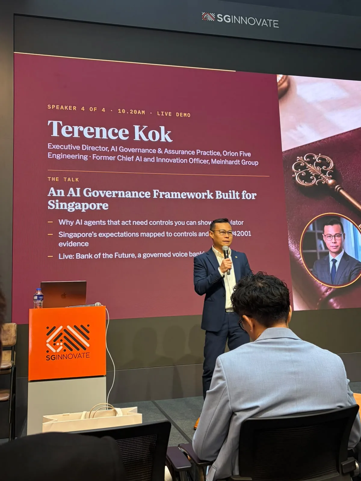 Terence Kok speaking at the Praxora Lab AI Strategy Breakfast at SGInnovate, introducing his talk An AI Governance Framework Built for Singapore