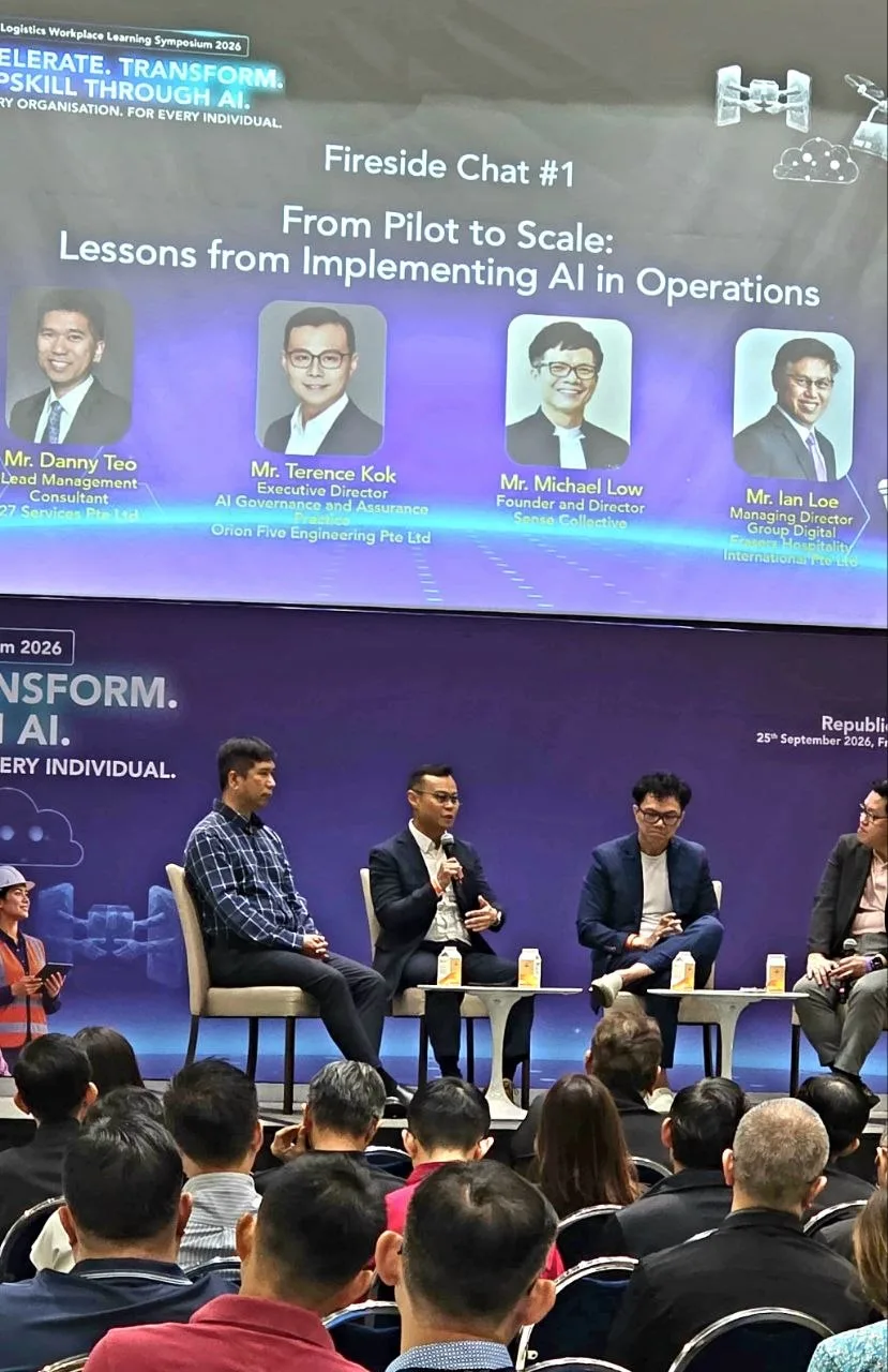 Terence Kok speaking on the From Pilot to Scale fireside chat at the ST Logistics Workplace Learning Symposium 2026