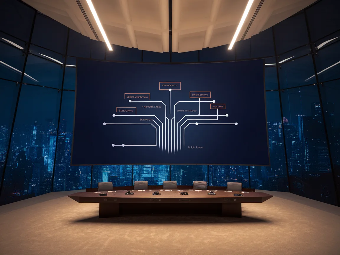 AI governance workflow projected in executive boardroom at night