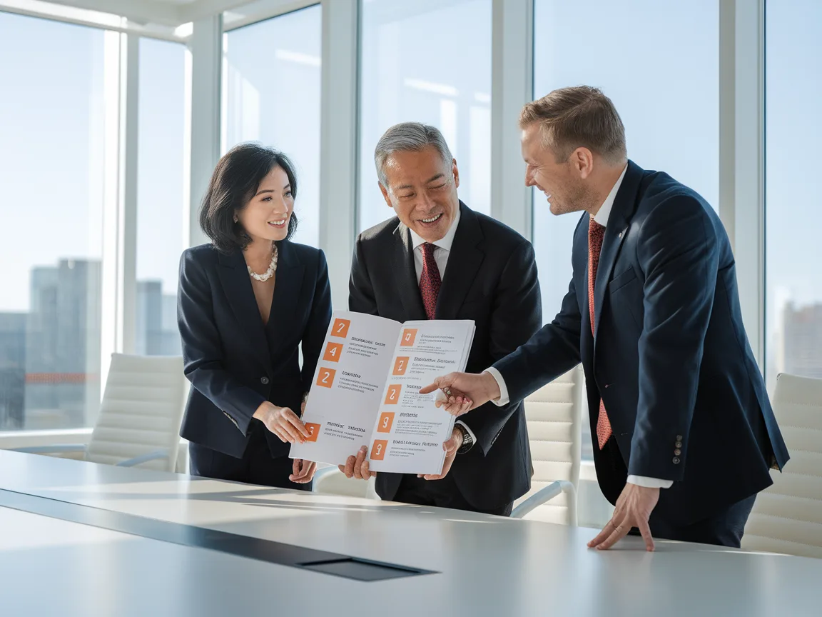 Three senior executives reviewing AI governance framework document