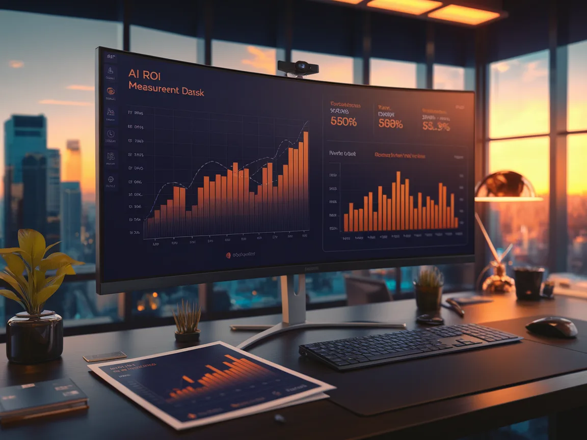 AI ROI measurement dashboard showing orange bar charts at sunset