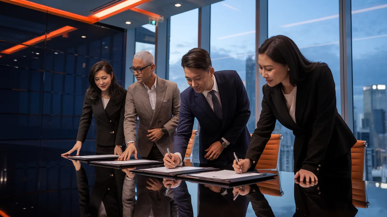 Business professionals reviewing and signing a printed roadmap document in a boardroom
