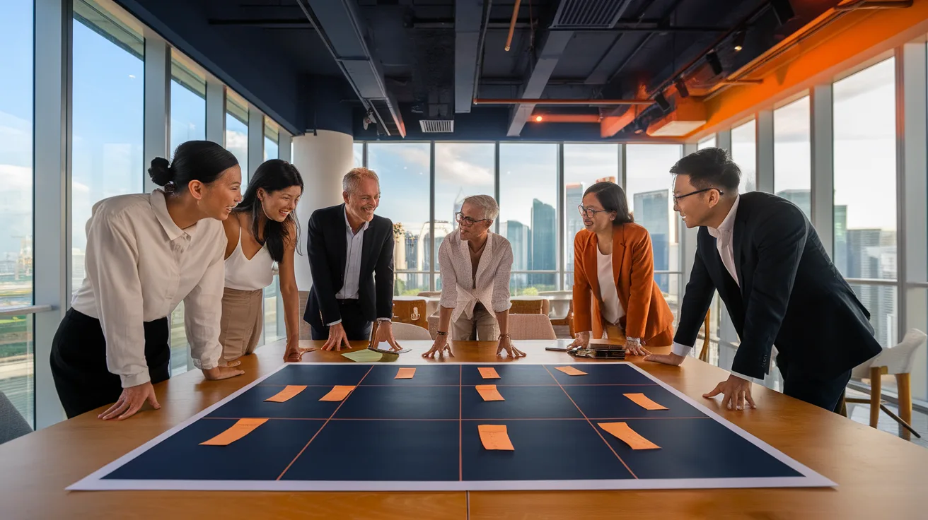 Diverse group of mid-market business owners collaborating around a large business model canvas grid