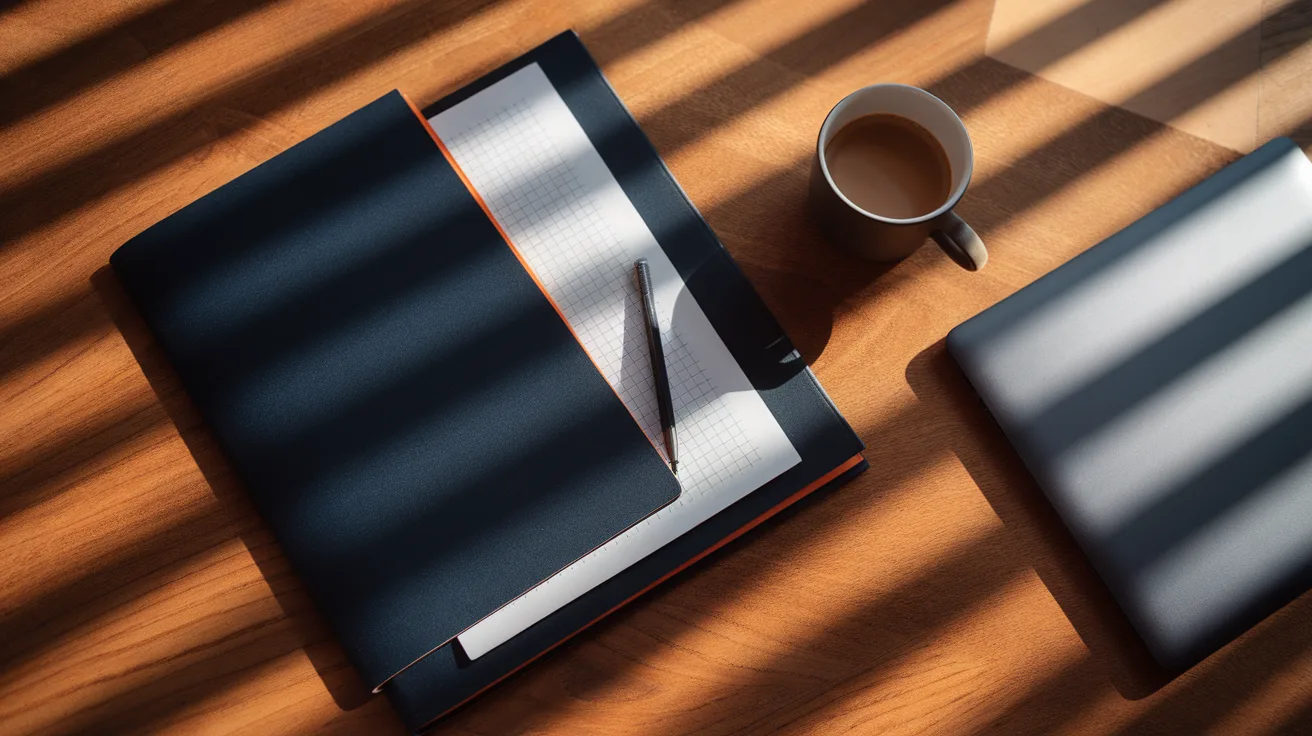 Entrepreneur's desk with a business profile folder, pencil, coffee, and laptop, prepared ahead of the masterclass