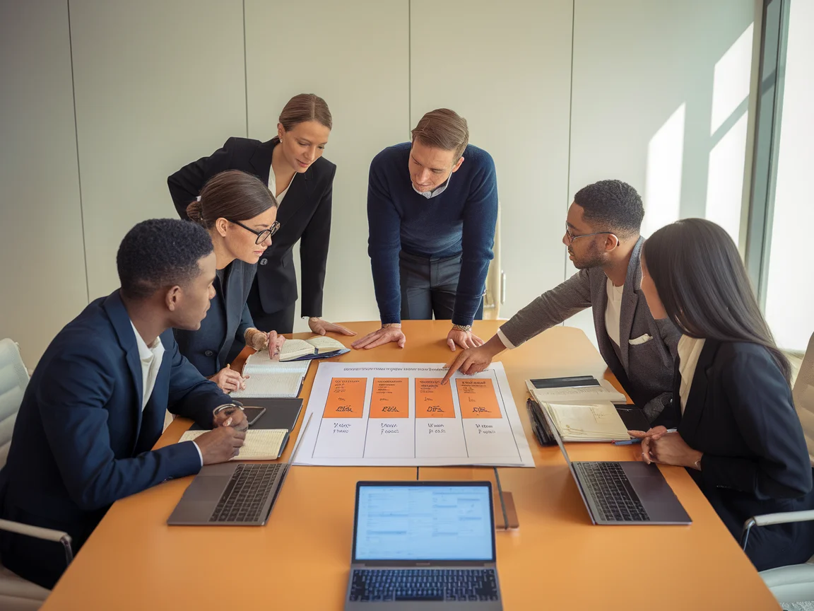Management executives reviewing an AI governance checklist together